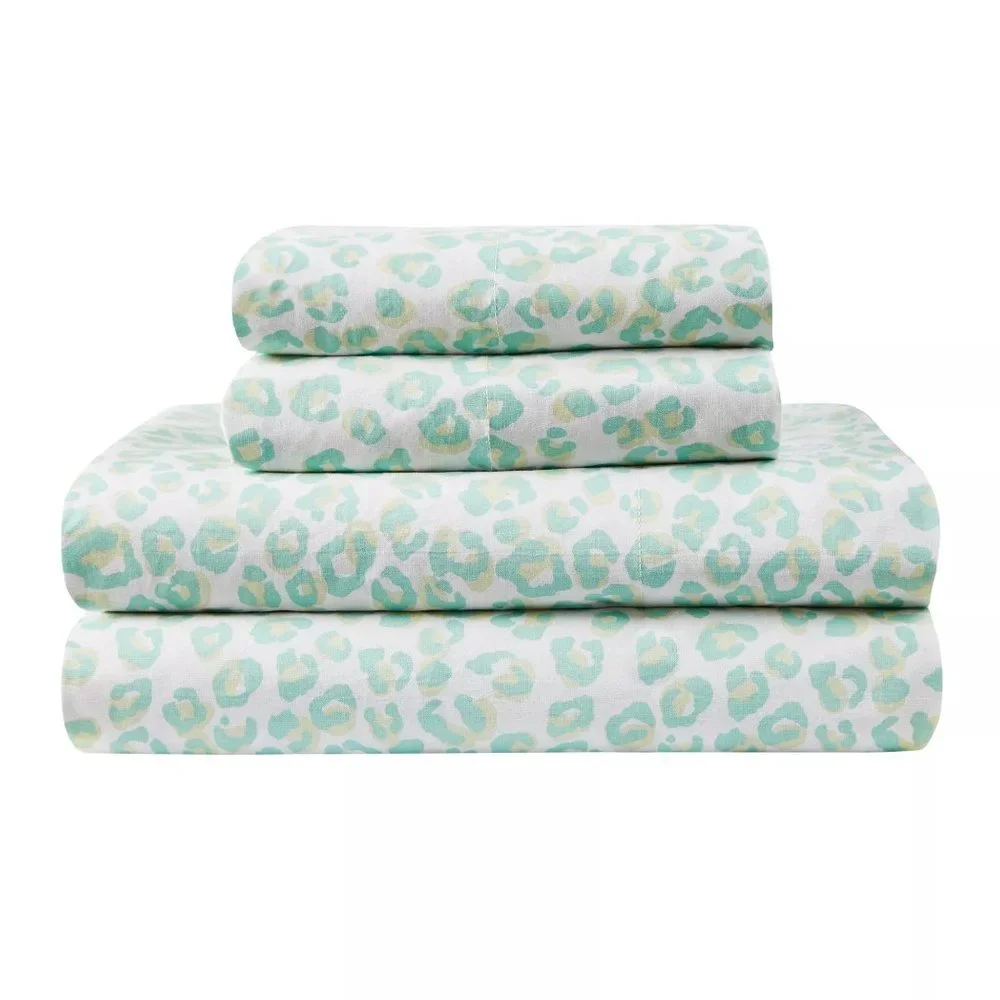 new Marmalade brand Lightweight 100% Cotton Full Sheet Set in Mint Green Leopard